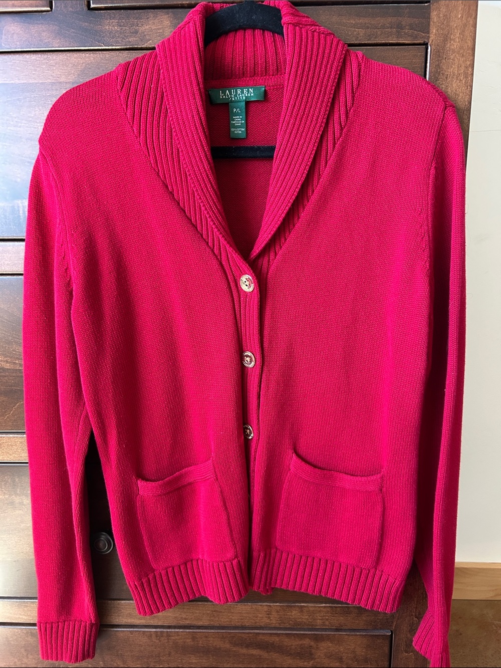Lauren Ralph Lauren Red Shawl Collar Button-Up Cardigan